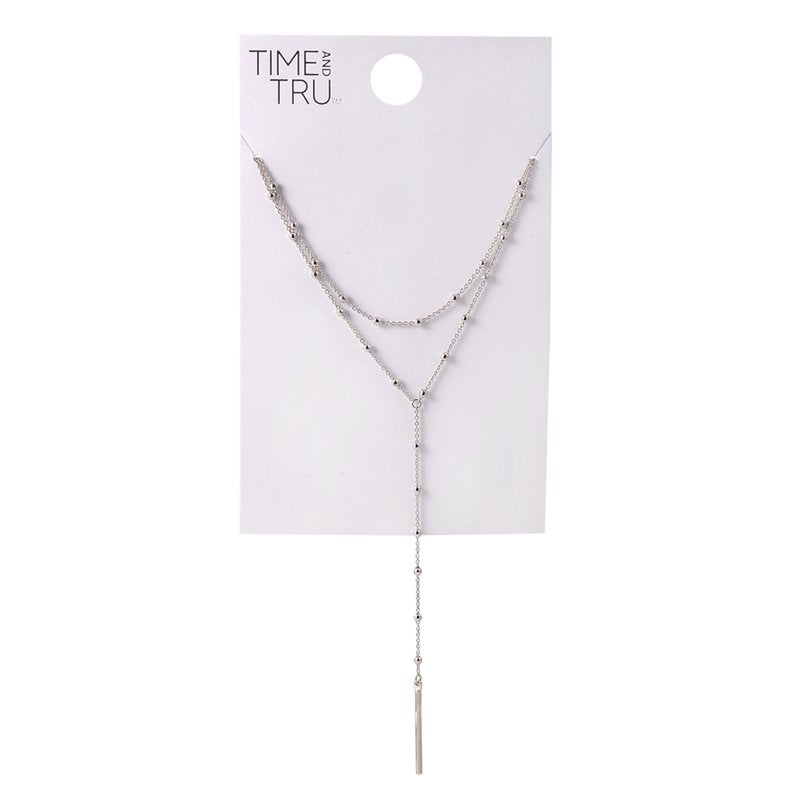 Silvertone 2-Row Flat Oval Chain Necklace with Bar Pendant - 16 Inch