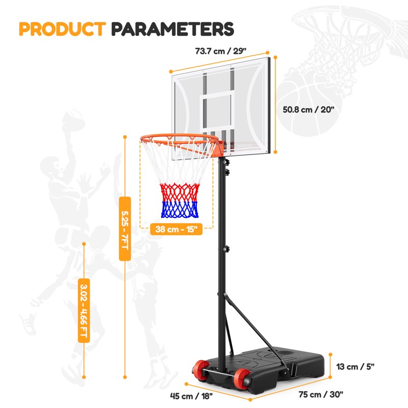 Portable Adjustable Basketball Hoop System - 29-Inch Backboard, 3-7 FT Height, Outdoor/Indoor