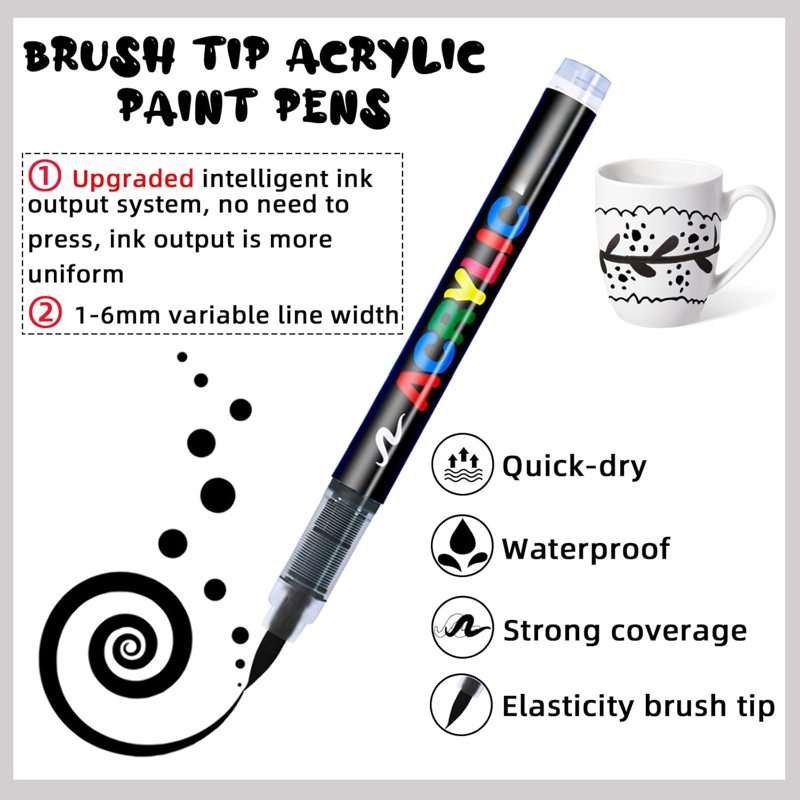 Black Acrylic Paint Pens Set - Waterproof Soft Brush Tip Art Markers for DIY Crafts and Rock Painting