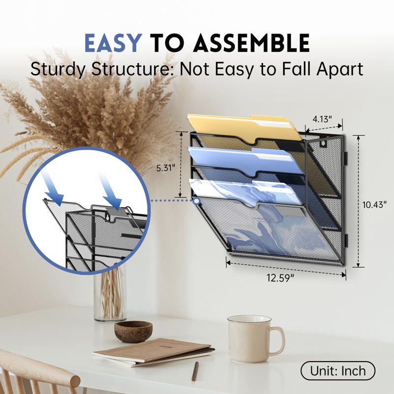 3 Tier Wall File Organizer - Metal Hanging Document Holder for Office & Home