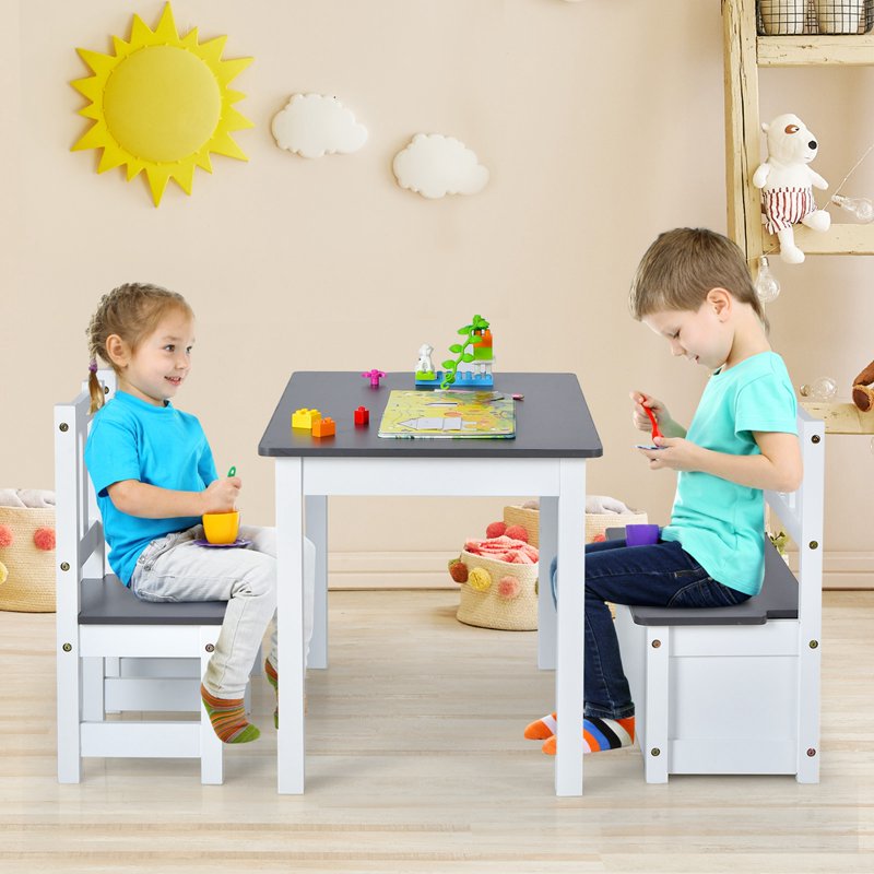 Kids Wooden Activity Table & Chairs Set with Storage Bench - Gray