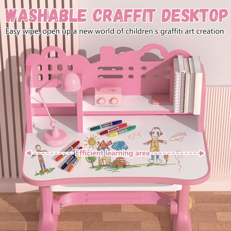 Kids Adjustable Height Study Desk and Chair Set with Tilt Top and Storage