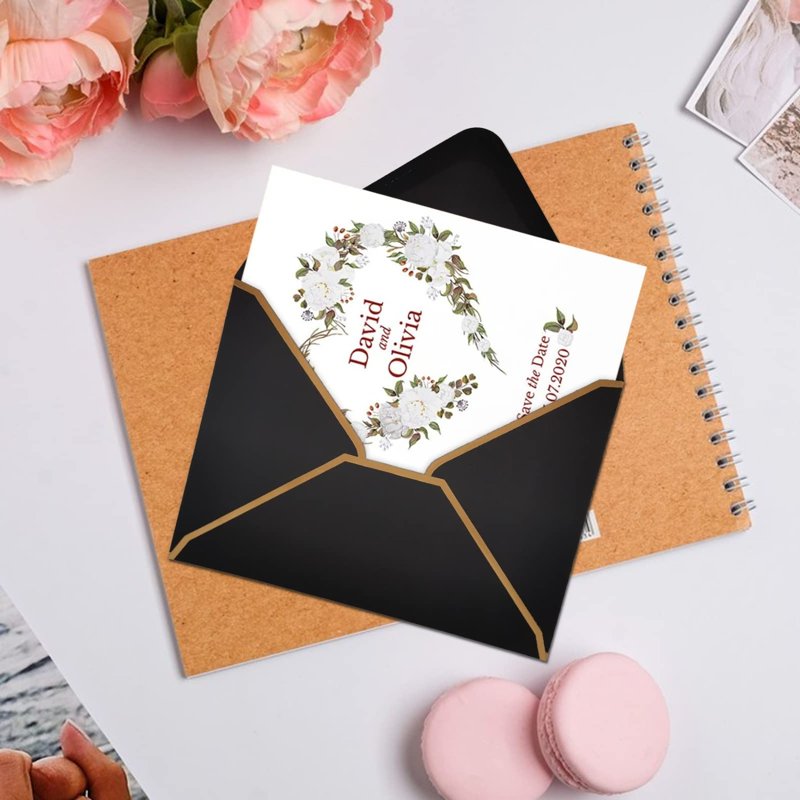 50 Pack A7 Invitation Envelopes Black V-Flap Gold Border 5x7 Inch for Weddings and Events