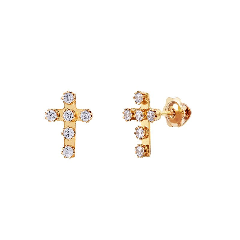 Girls Cubic Zirconia Cross Earrings in 10K Yellow Gold - Small Studs