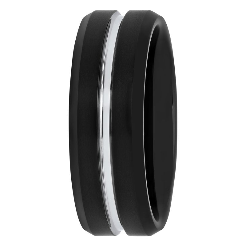 Men's 8mm Black Tungsten Grooved Comfort Fit Wedding Band - Durable Mens Ring