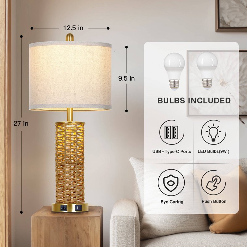 Set of 2 27-Inch Rattan Woven Table Lamps with USB Ports and Dual Switches