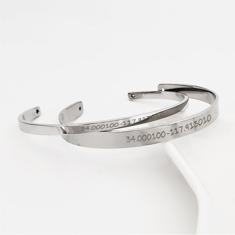 Personalized Couple's Engravable Coordinates Bracelets Set - Matching Silver, Gold or Rose Gold Bangles with Gift Box