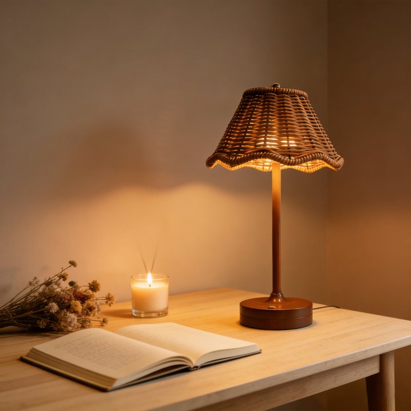 Rechargeable Cordless Table Lamp with Wicker Shade - Touch Control, Portable for Patio, Bedroom, Kitchen