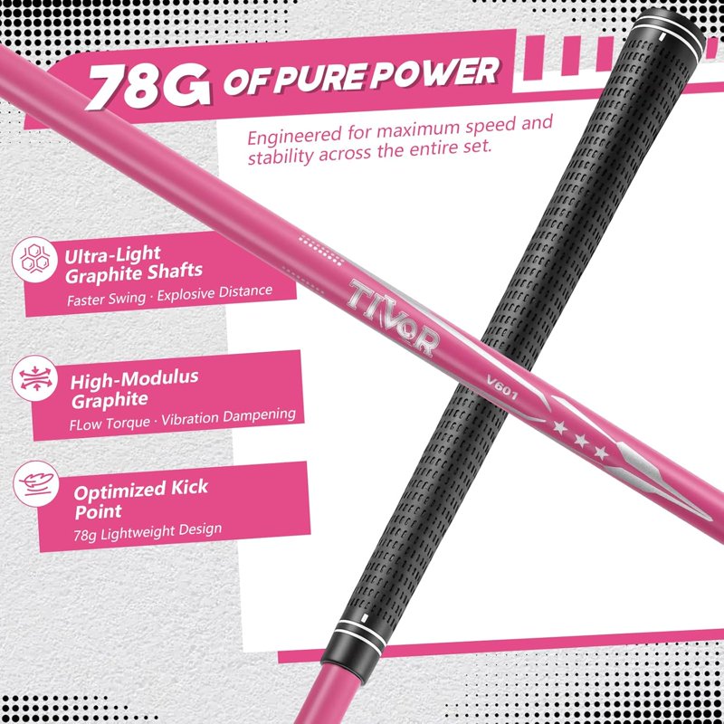 Tivor 6-Piece Golf Club Set for Women Right-Handed - Beginner Complete Set with Driver, Hybrid, 7 Iron, 9 Iron, Sand Wedge, Putter & Stand Bag, Pink