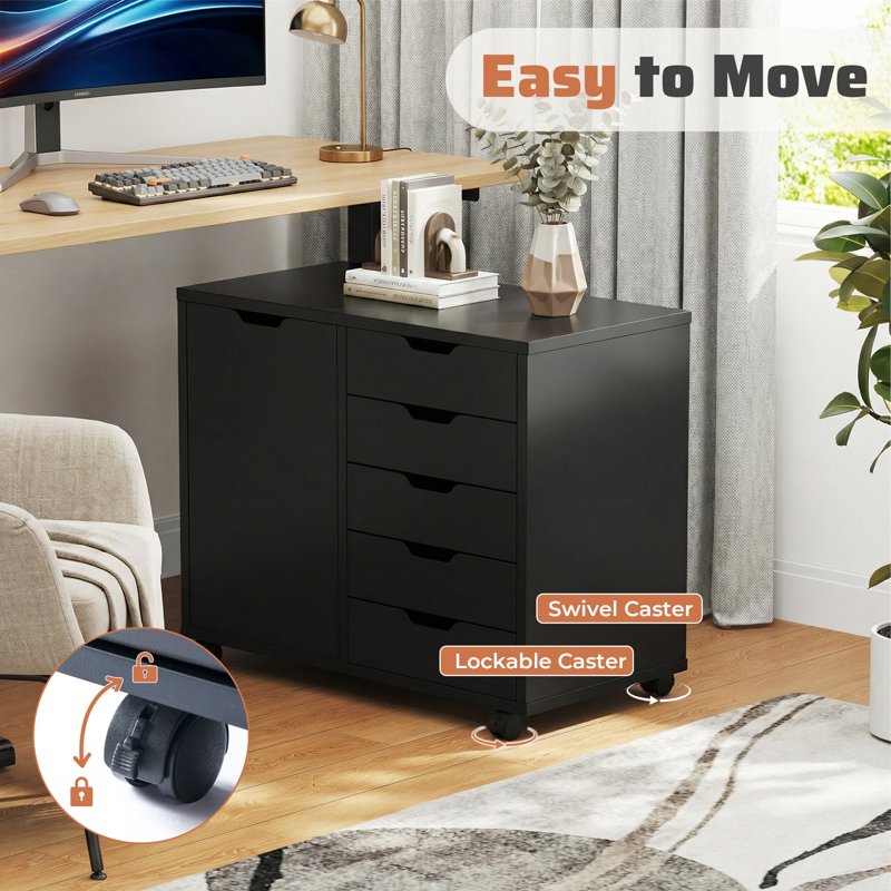 5-Drawer Wooden File Cabinet with Mobile Casters and Adjustable Shelves