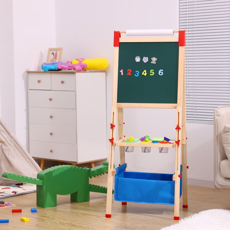 Kids Wooden Magnetic Chalkboard & Whiteboard Easel with Paper Roll - Toddler Art Gift