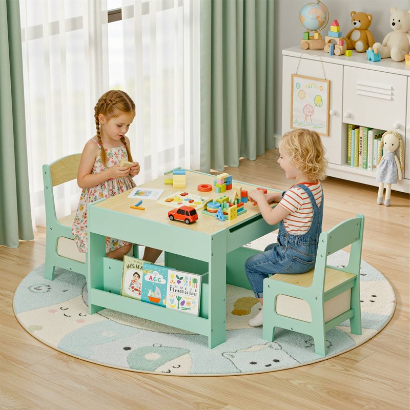 Kids Activity Table and Chair Set - Reversible Blackboard with Storage - Toddler Play Desk