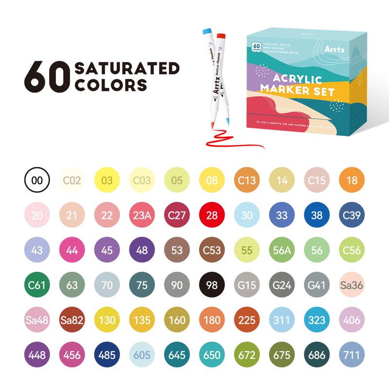 Acrylic Paint Markers Set of 60 - Water-Based, Quick Dry, Waterproof for Art & DIY