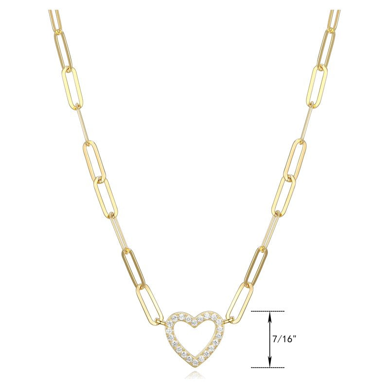 Heart Cubic Zirconia Paperclip Necklace in 18K Gold Over Sterling Silver 18 Inches