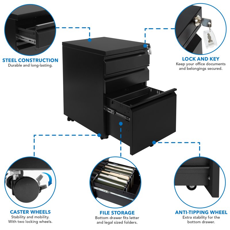 Mobile File Cabinet with 3 Drawers Under Desk Locking Steel Storage