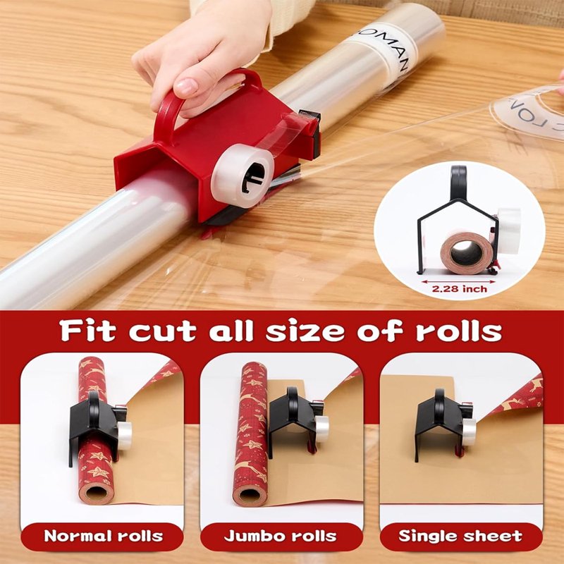 Wrapping Paper Cutter & Tape Dispenser Set - Safe, Easy Gift Wrap Tool with 4 Tapes & 2 Blades