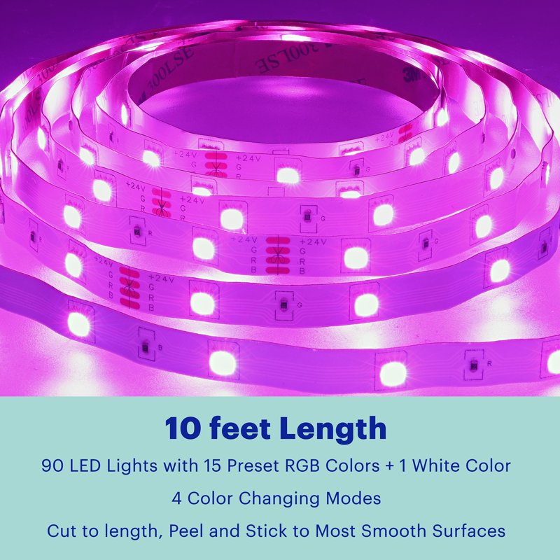 Multicolor LED Light Strip 10FT with Remote Control, RGB Color Changing, Cuttable & Peel-and-Stick