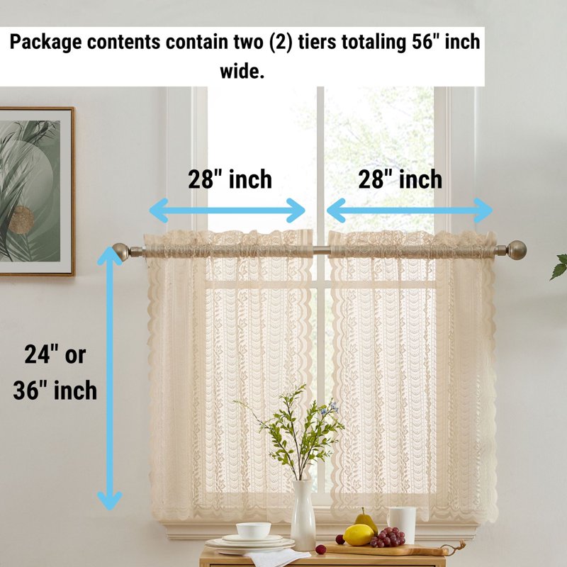 Semi Sheer Lace Window Curtain Tiers for Small Windows - Set of 2
