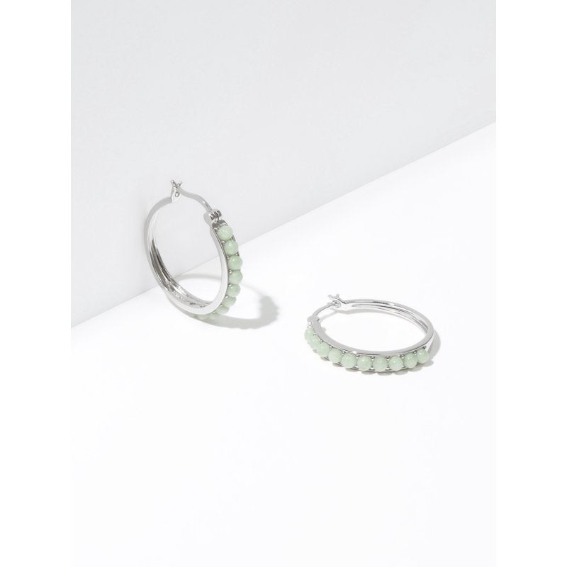 Women's Platinum Over Silver Hoop Earrings with Green Jade 3x2mm
