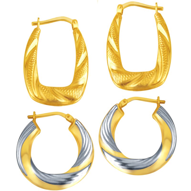Gold Plated Sterling Silver Hoop Earrings Set - Textured & Swirl Design, 24x18mm & 23mm, Hypoallergenic, Adults Jewelry