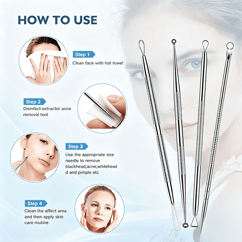 9-in-1 Blackhead Remover Tool Kit with Diagonal Tweezers - Stainless Steel