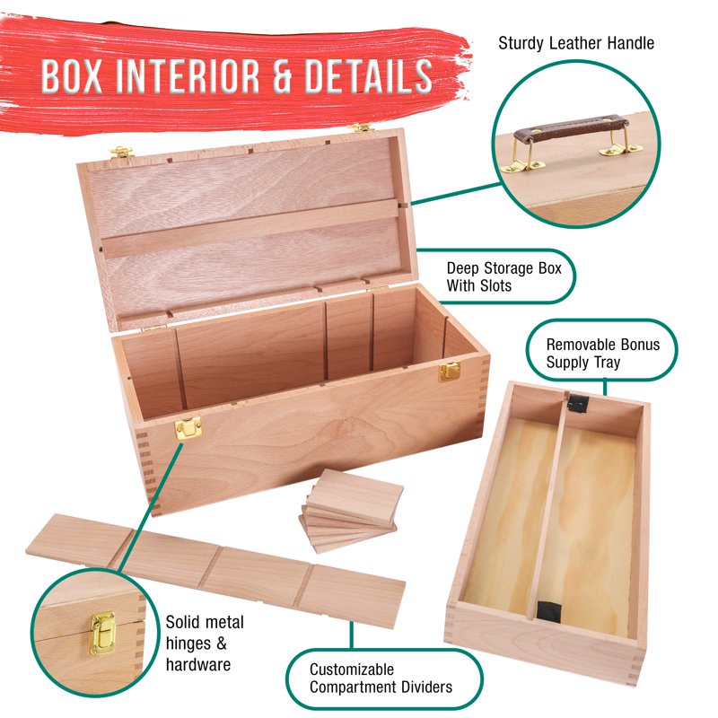 Art Supply Wooden Tool Storage Box with Removable Tray & Locking Clamps