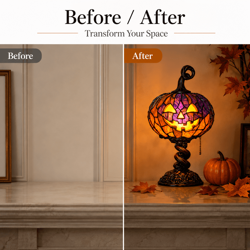 Halloween Stained Glass Pumpkin Table Lamp 9 Inch Jack O Lantern Desk Light