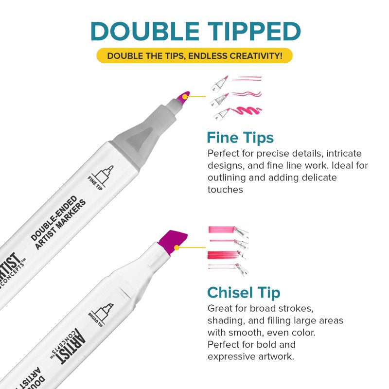Artist Concepts Dual Tip Alcohol Markers 144 Count - Fine & Broad Chisel & Fine Tips