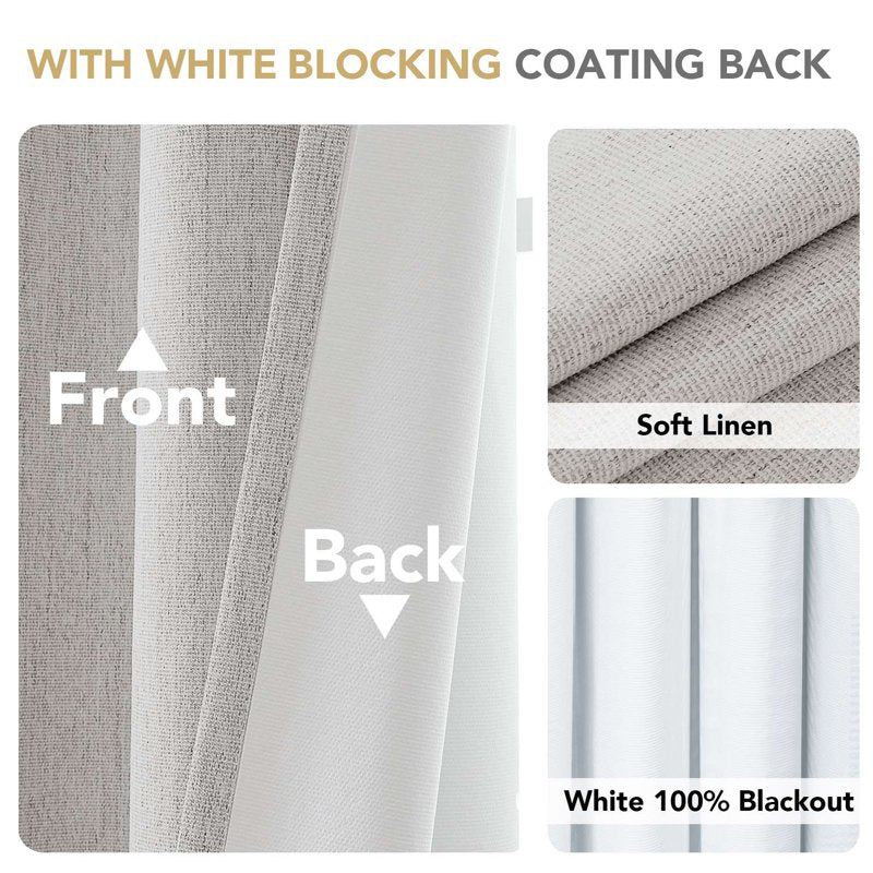 Blackout Curtain Set 2 Panels with Hooks - Thermal Linen Blend Drapes for Bedroom & Living Room