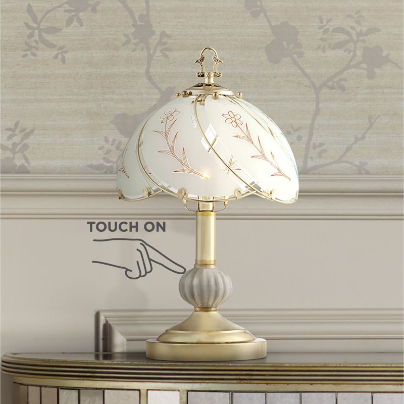 Traditional Accent Table Lamp with Floral Etched Glass Shade - Touch Control, Brass Finish, 15"