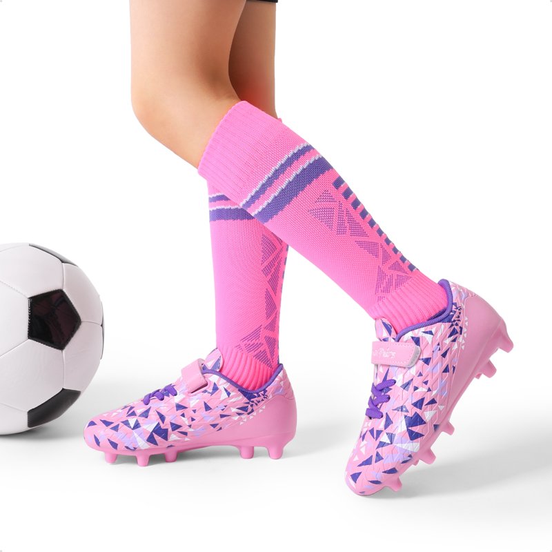 Dream Pairs Kids Soccer Cleats - Pink/Purple Hook & Loop Football Shoes for Boys & Girls