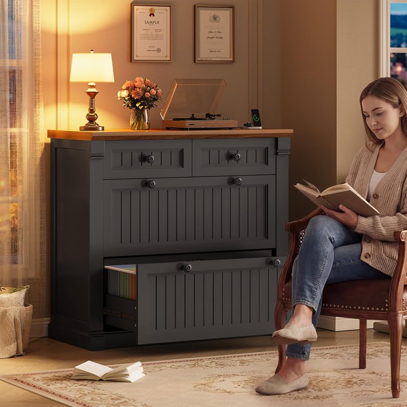Farmhouse 4-Drawer File Cabinet with Power Outlets, Black and Brown Wood Office Storage