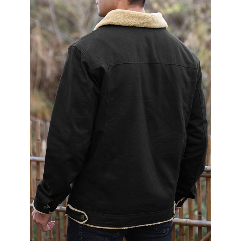 Men's Winter Trucker Jacket Thick Thermal Cotton Warm Fleece Lined Coat with Flap Pockets - Black XL