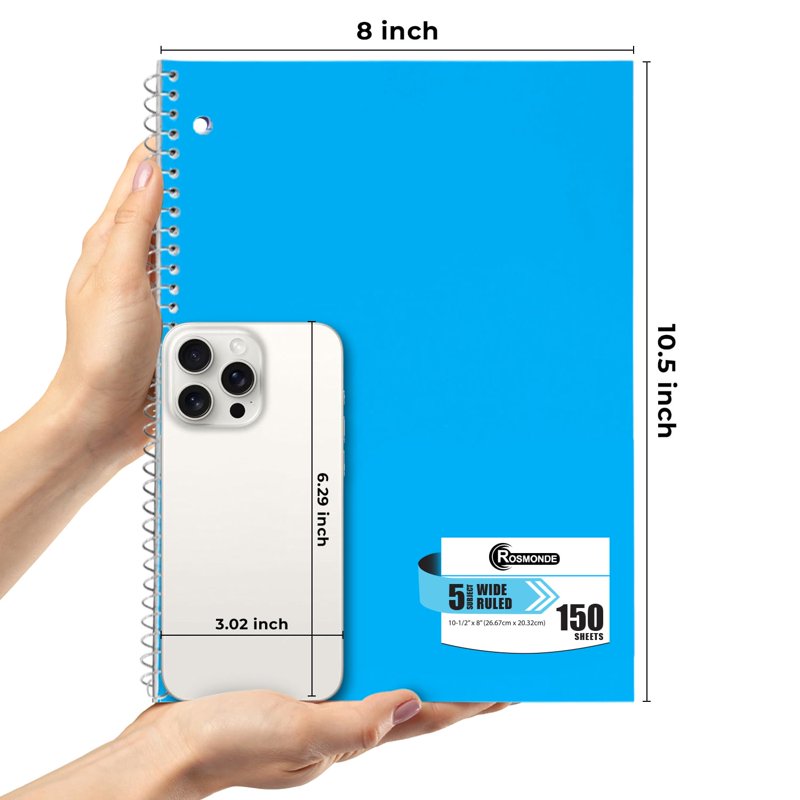 12 Pack Wide Ruled Spiral Notebooks 5-Subject, 300 Pages, Soft Cover, Assorted Colors