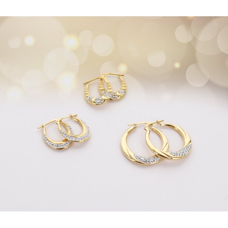 14K Gold Plated Sterling Silver Hoop Earrings Set with Austrian Crystals - 3 Pairs