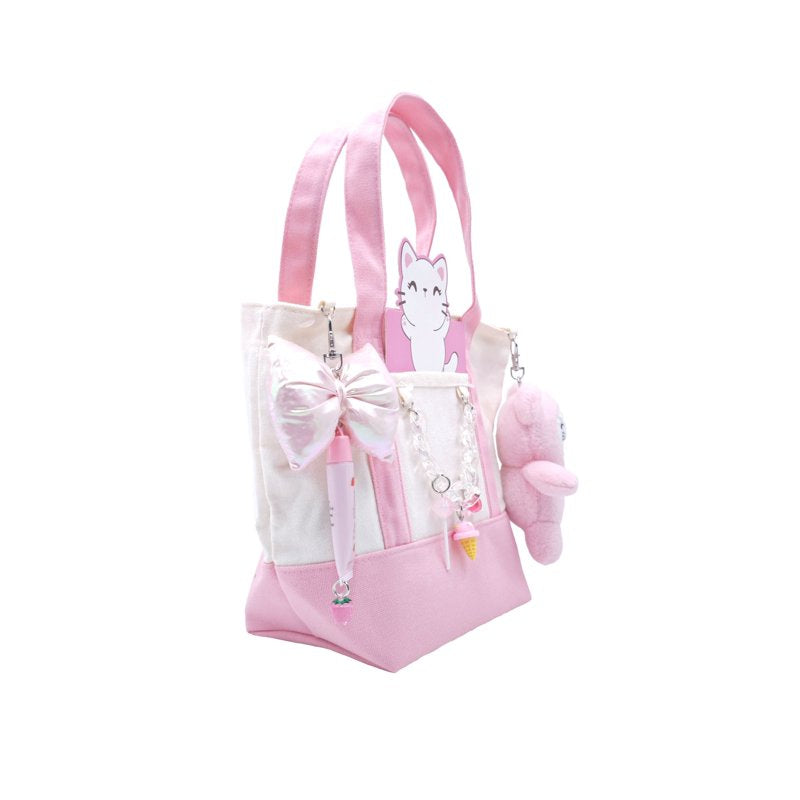 Kids Mini Tote Bag with Cat Charm and Iridescent Chain - Multiple Colors