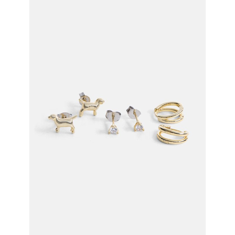 Women's Cubic Zirconia Earring Set with Hoops and Dog Pendant - 3 Pairs