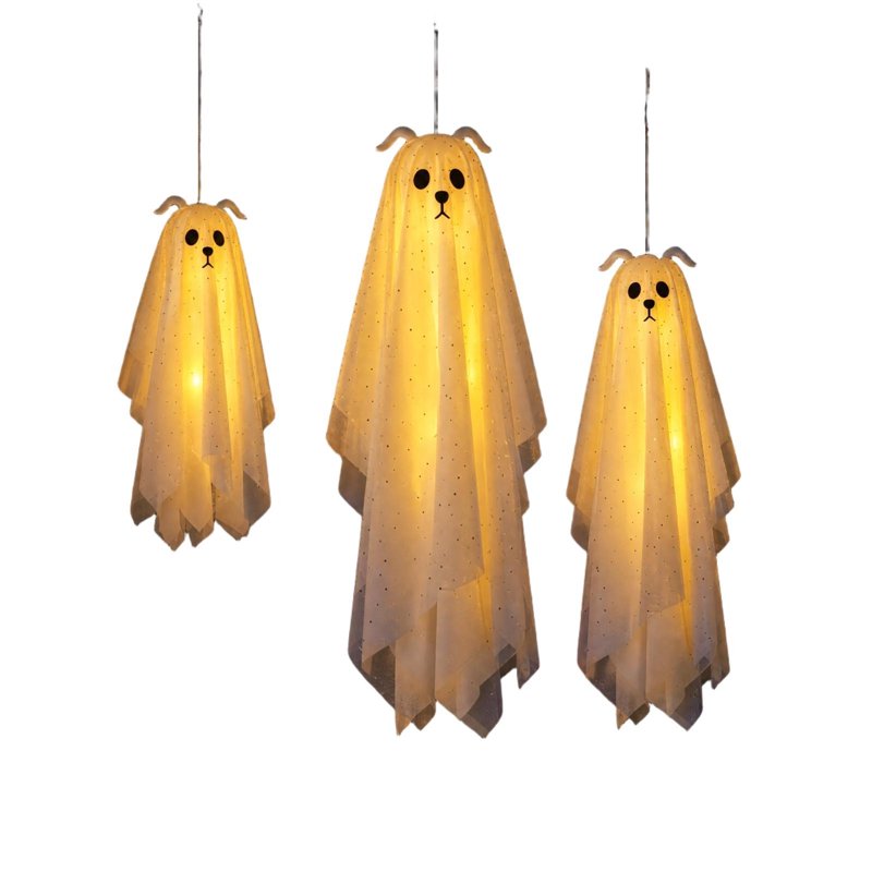 Halloween Outdoor Ghost Decorations Set with LED Lights - 3 Pack Hanging Spooky Ornaments
