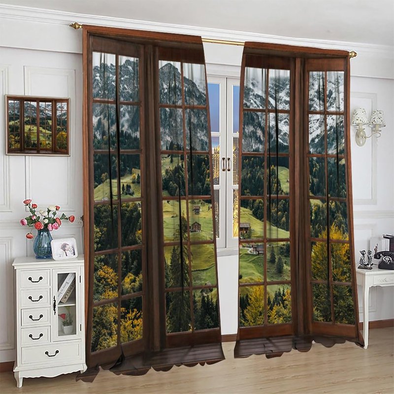 Waterproof Mountain Forest Nature Scene Window Curtains - 2 Panel Options
