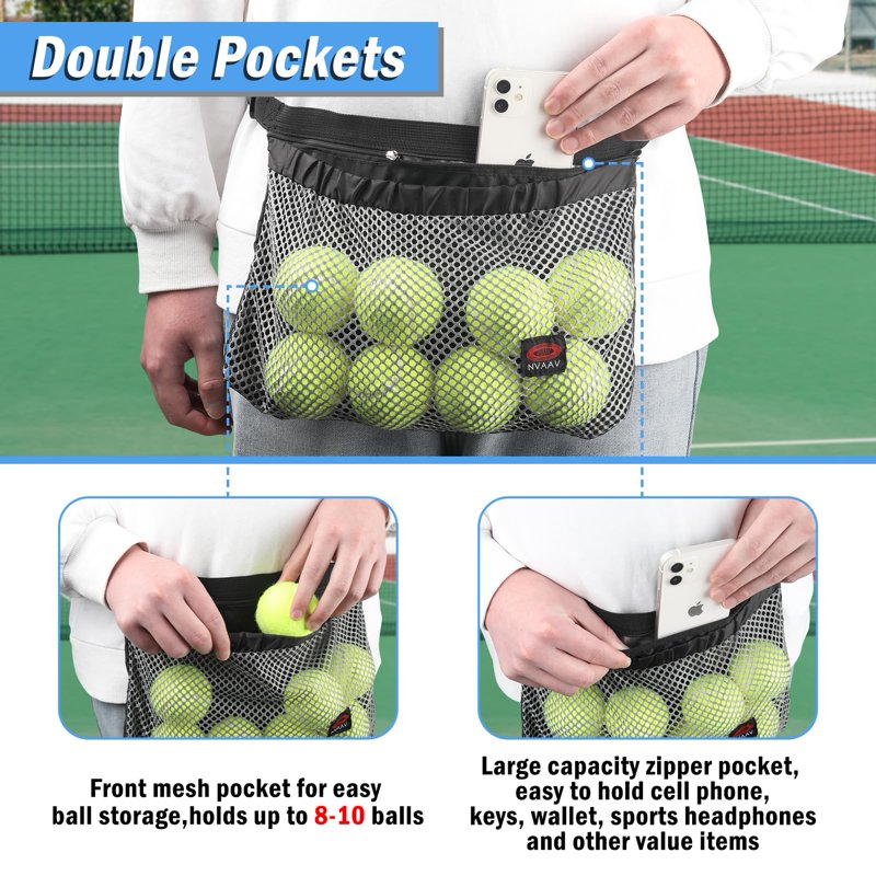Tennis Ball Holder Waist Bag for 8-10 Balls, Adjustable Pouch - 2 Pack