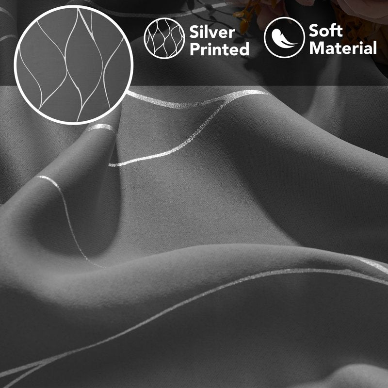 Blackout Curtain Panels with Silver Foil Wave Print - Room Darkening Drapes for Bedroom & Living Room