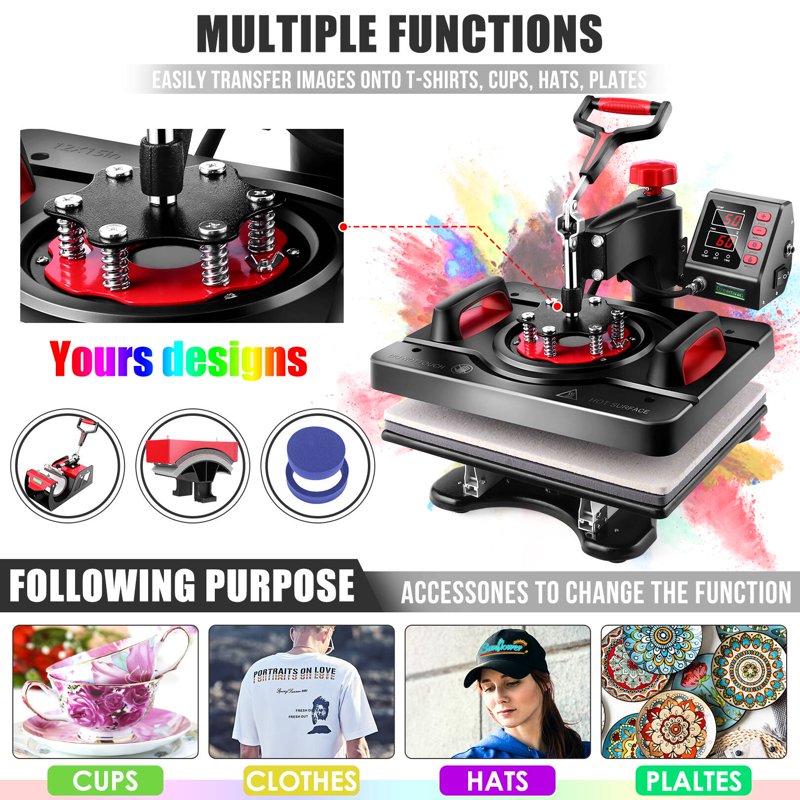 5-in-1 Heat Press Machine 15x12 Inch with Digital Control for T-Shirts Mugs Hats