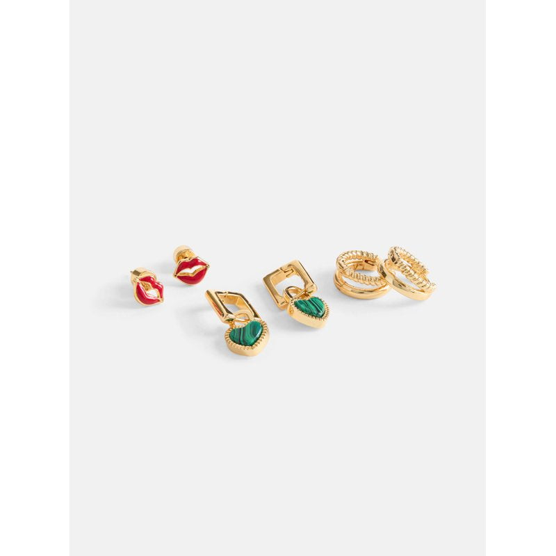 Women's Goldtone Lips Hearts and Hoop Earring Set - 3-Pair Jewelry Collection