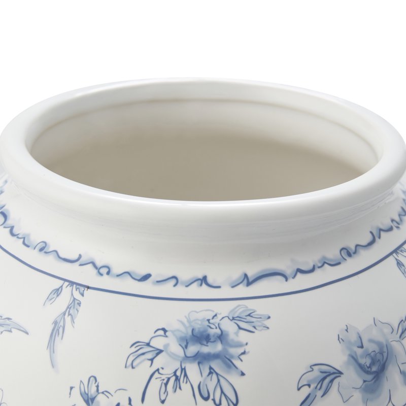 Farmhouse Blue Floral Ceramic Vase 8 Inch Round Indoor Decor