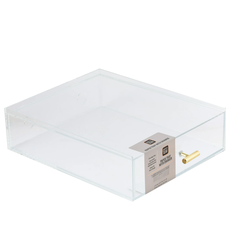 Acrylic Paper Tray with Drawer - Clear Desk Organizer for Office Supplies