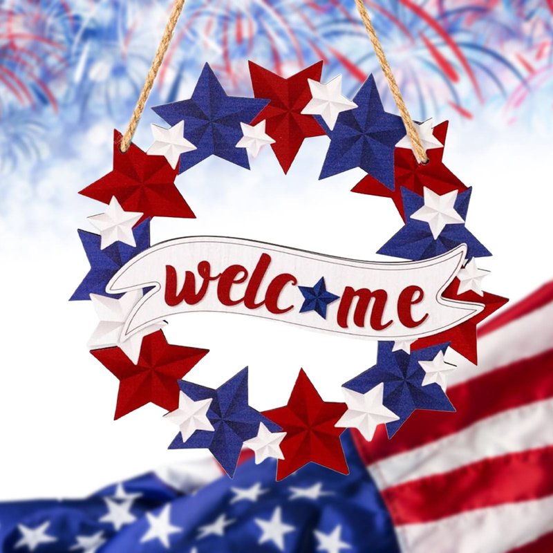 Patriotic Welcome Wreath with Wooden Stars for 4th of July Front Door Decor