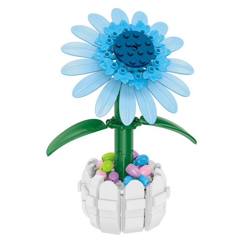 Build-Your-Own Blue Sunflower Brick Kit with Picket Fence Pot - 213 Pieces