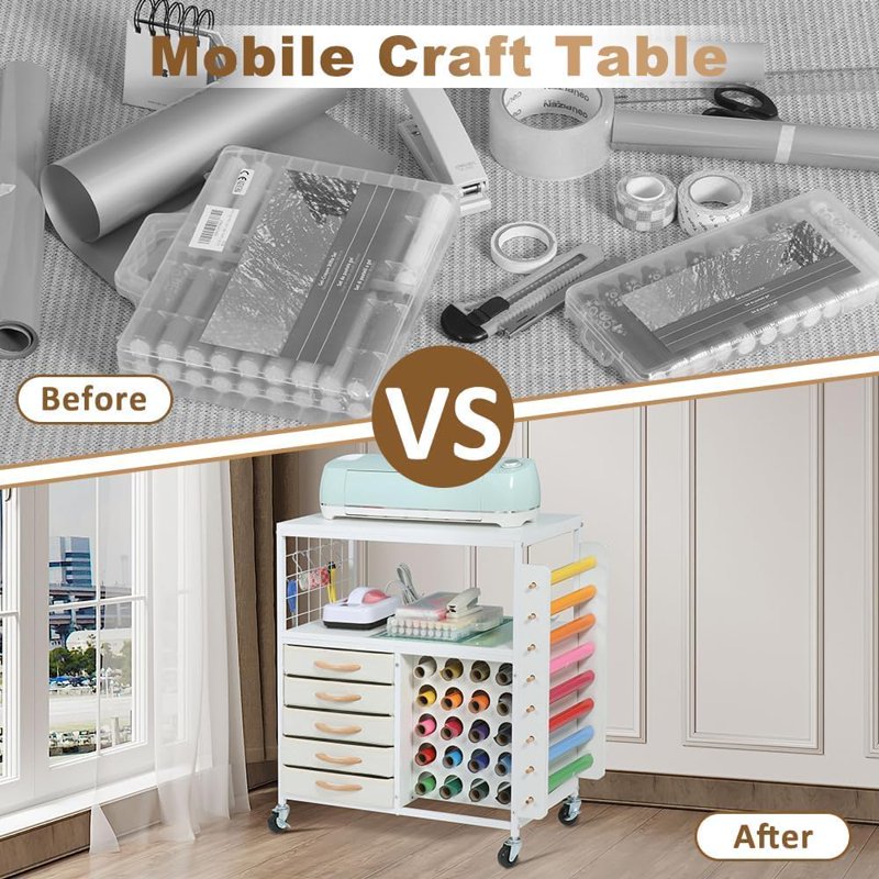 Craft Storage Cart with 28 Vinyl Roll Holders and 5 Drawers - Rolling Organizer for Cricut Machines