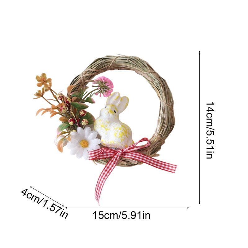 Easter Bunny Rattan Wreath Decoration - Spring Door Hanging with Eggs & Leaves