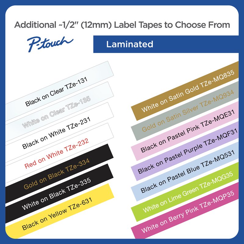 Heavy-Duty Laminated Label Tape for P-Touch Machines - Black on White, 1/2"